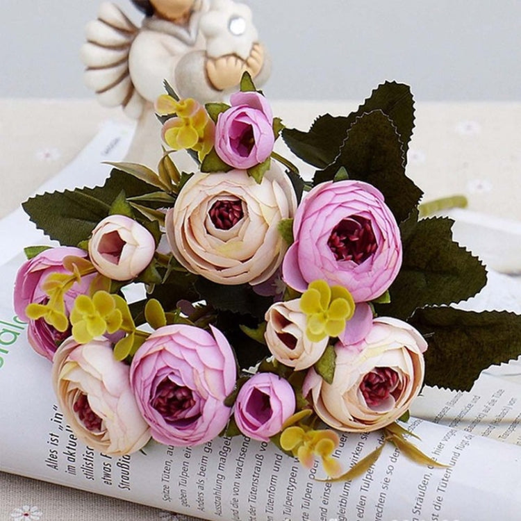 Artificial bridal bouquet with pink/white roses, dark green leaves, purple buds