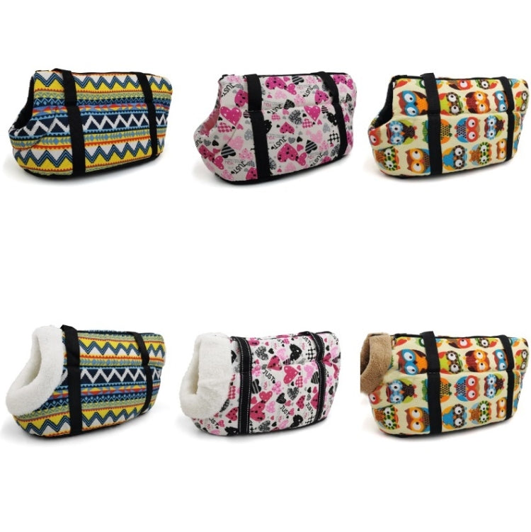 Pet carrier backpack assorted designs with zigzag, heart, and owl prints and straps