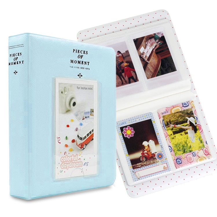 Light blue 64-pocket name card/photo holder with white dotted frame, for Fujifilm Instax Mini