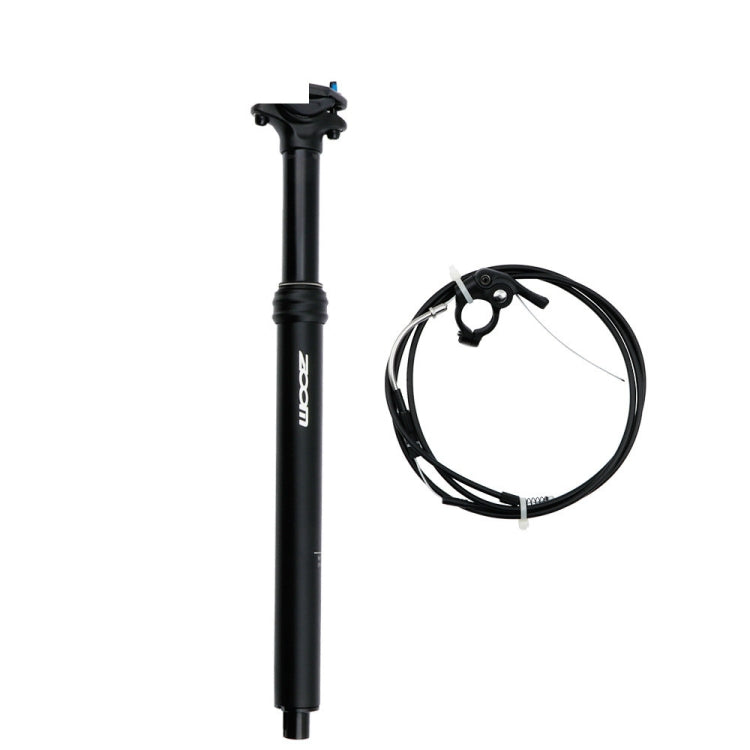 Black hydraulic seatpost with wire-controlled remote cable and front mounting clamp