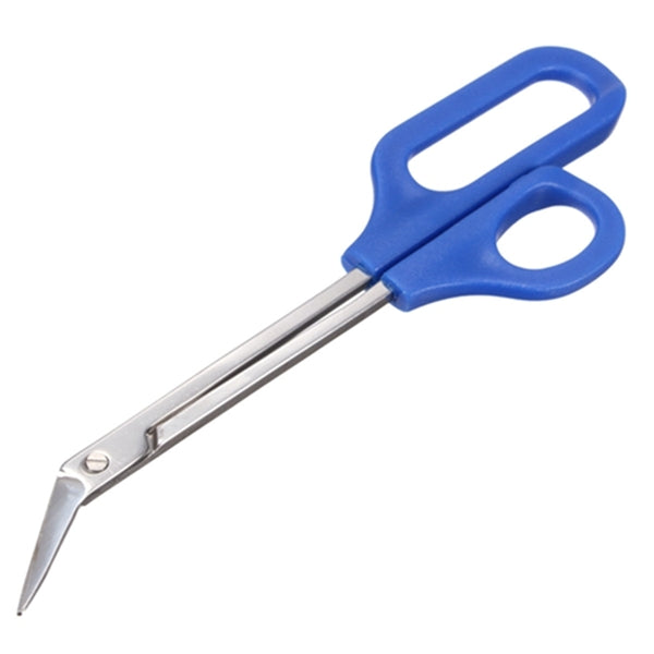Close-up long-reach toenail scissor trimmer with blue handles and pointed blades