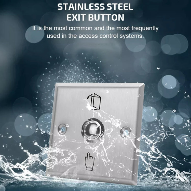 Stainless steel exit button with round push button and door latch icon