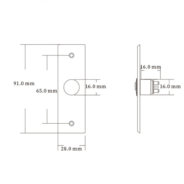 Access switch button size diagram: 28 mm wide, 91 mm high, 16 mm depth