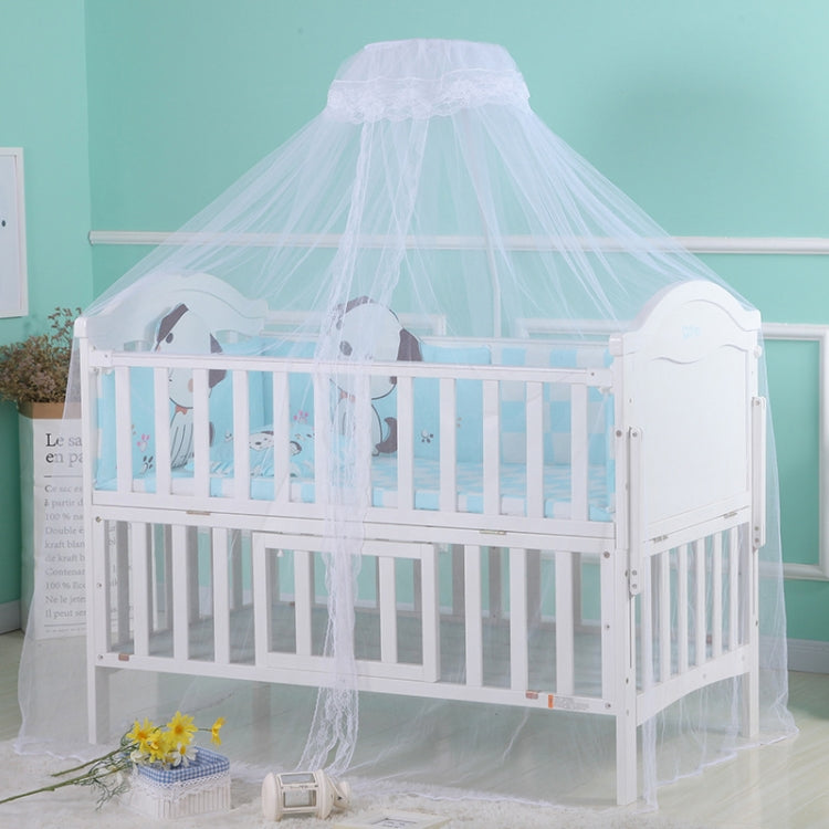 White crib dome mosquito net with four support legs and sheer curtain canopy