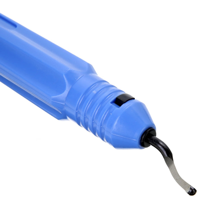 Blue tube cutter end with metal deburring blade extending from black insert