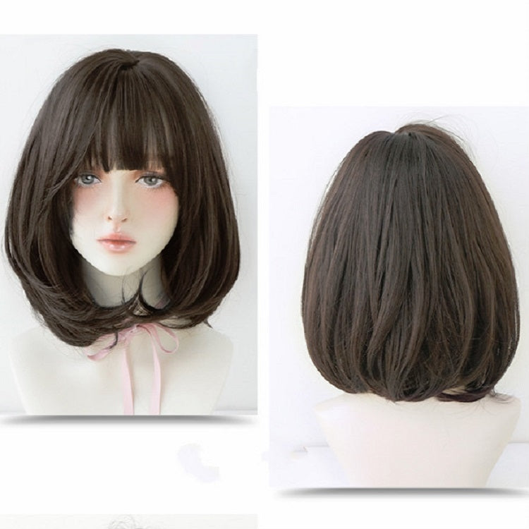 Short black-brown bob wig with blunt bangs, rounded volume