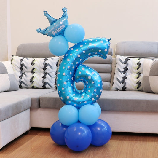 Blue star-pattern foil number balloon with crown topper and blue balloon base