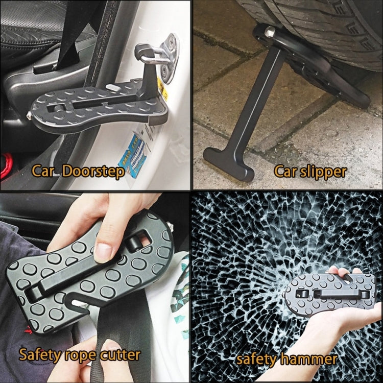 Black car door step accessory with textured platform for vehicle entry assistance