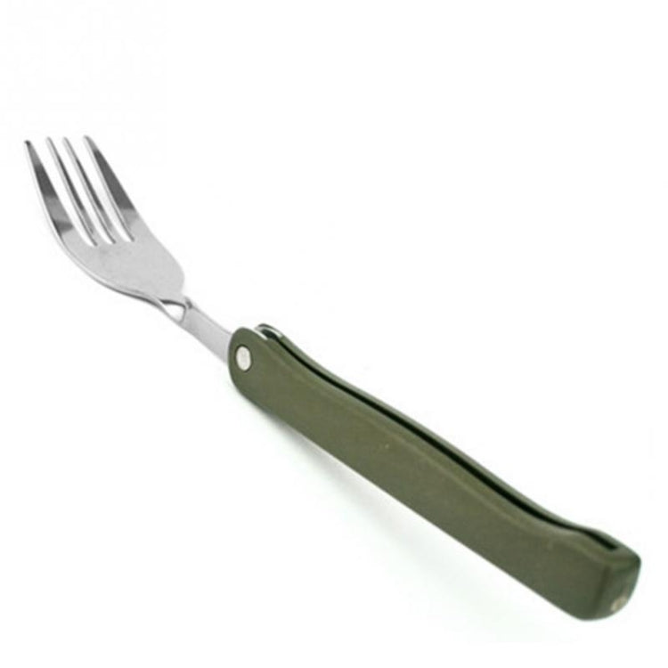 Olive green folding fork with shiny stainless steel tines and protective handle cover