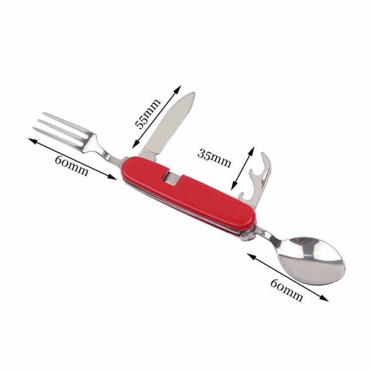 4-in-1 folding cutlery set layout with red handle and stainless utensils, with size marks