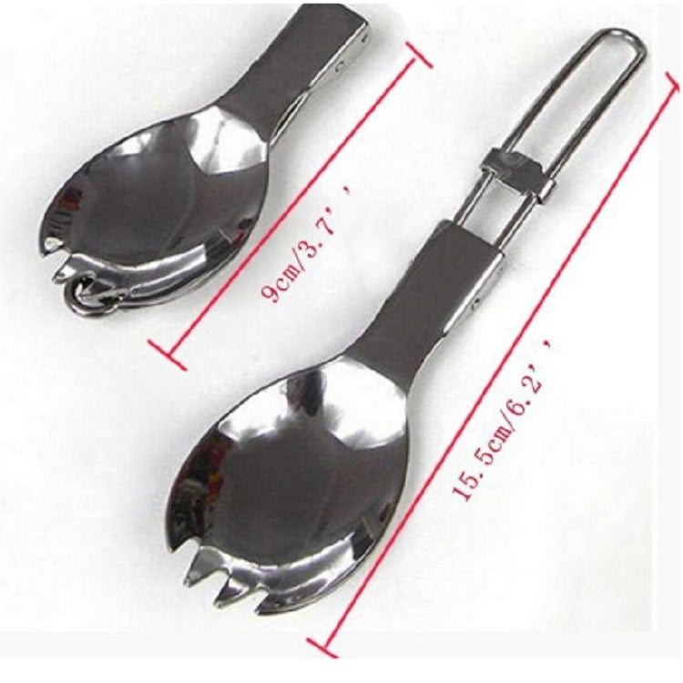 Two stainless steel folding sporks with spoon and fork ends, compact size