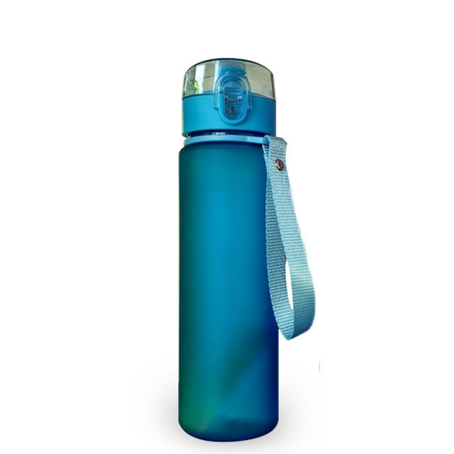 Sky blue leak-proof sports water bottle with flip-top lid and carry wrist strap