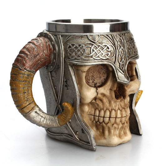 Stainless Steel Skull Mug Ram Horned Warrior Beer Coffee Mug Tea Cup Halloween Bar Drinkware Gift, 501-600ml