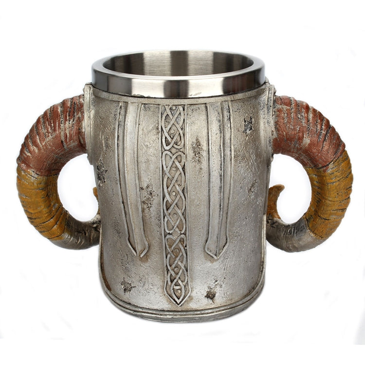 Celtic-style armored warrior skull mug with ram horn handles, engraved metal, 501–600 ml