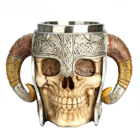 Stainless Steel Skull Mug Ram Horned Warrior Beer Coffee Mug Tea Cup Halloween Bar Drinkware Gift, 501-600ml