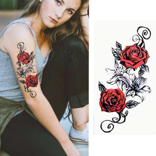 Arm temporary tattoo sticker with red rose and blue-gray floral accents