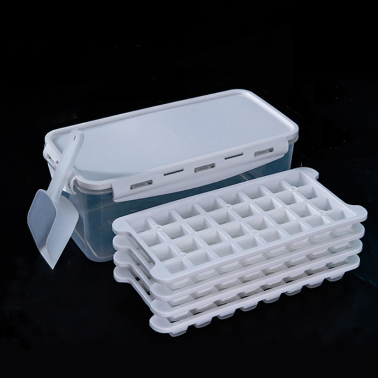 Silicone ice cube mold tray with lidded box, clear container and white mold