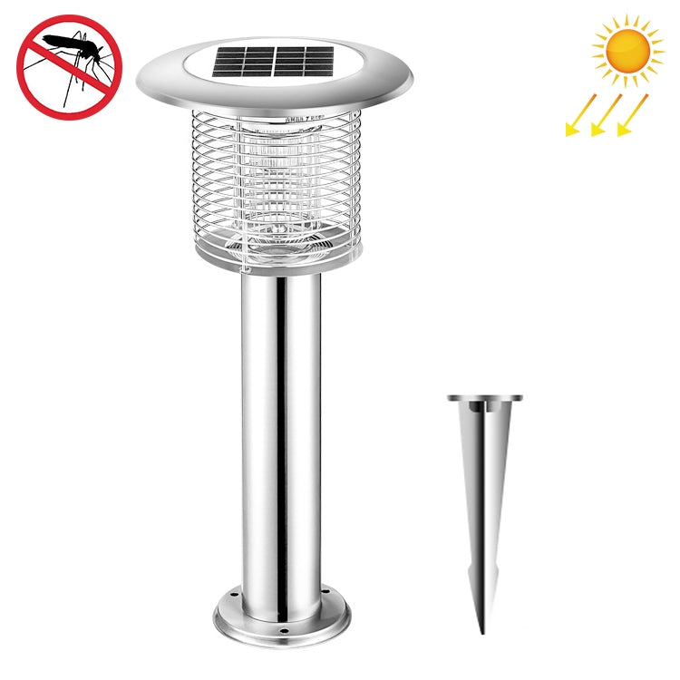 Silver solar mosquito lamp with flat solar panel top and chrome stake base