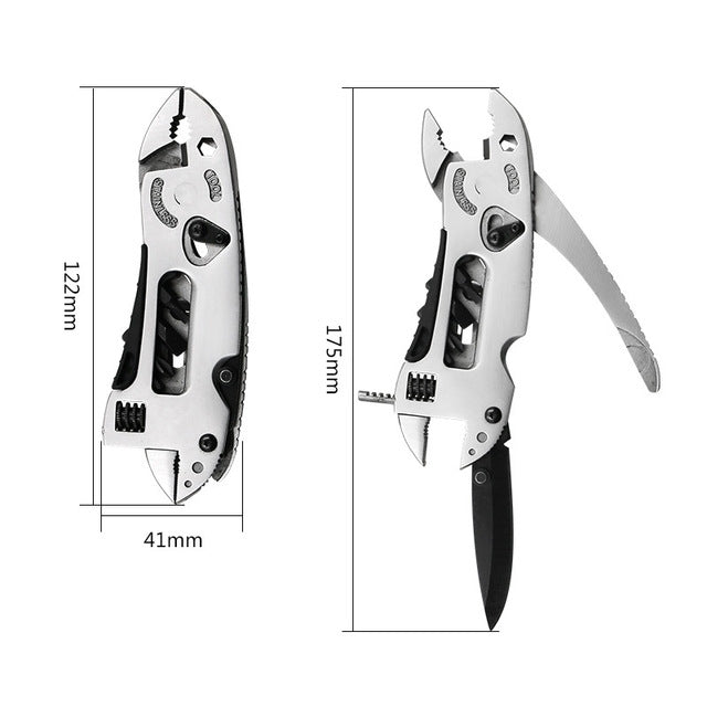 Multi-tool pliers with shown dimensions (41mm by 112mm) and folded tool layout