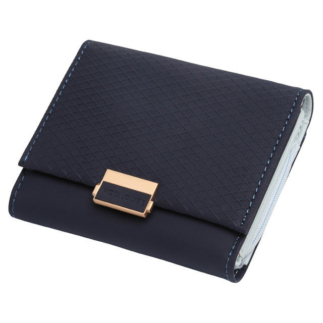 Navy plaid leather wallet with gold clasp and stitched edges
