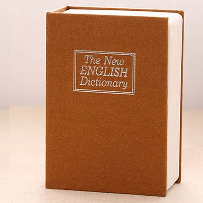 Yellow dictionary-style safe box book with front label