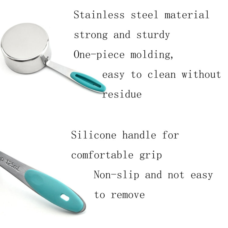 Stainless steel measuring spoon with teal silicone handle for easy grip