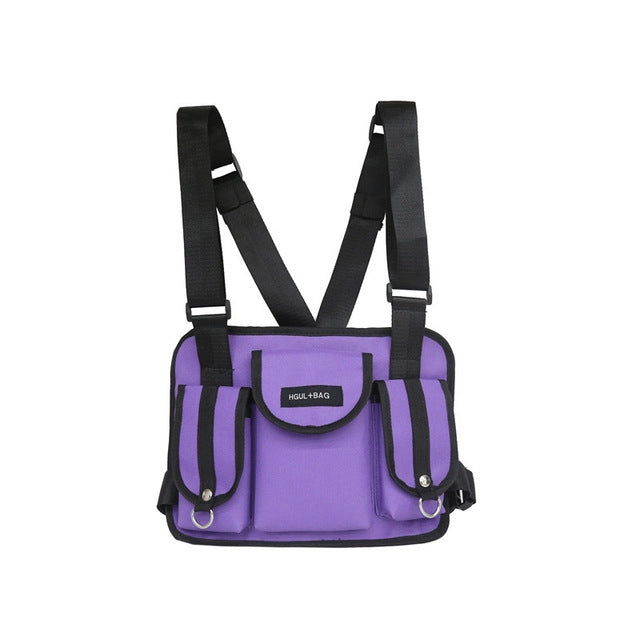 Purple sports backpack with black straps, front pouch, and striped side pockets