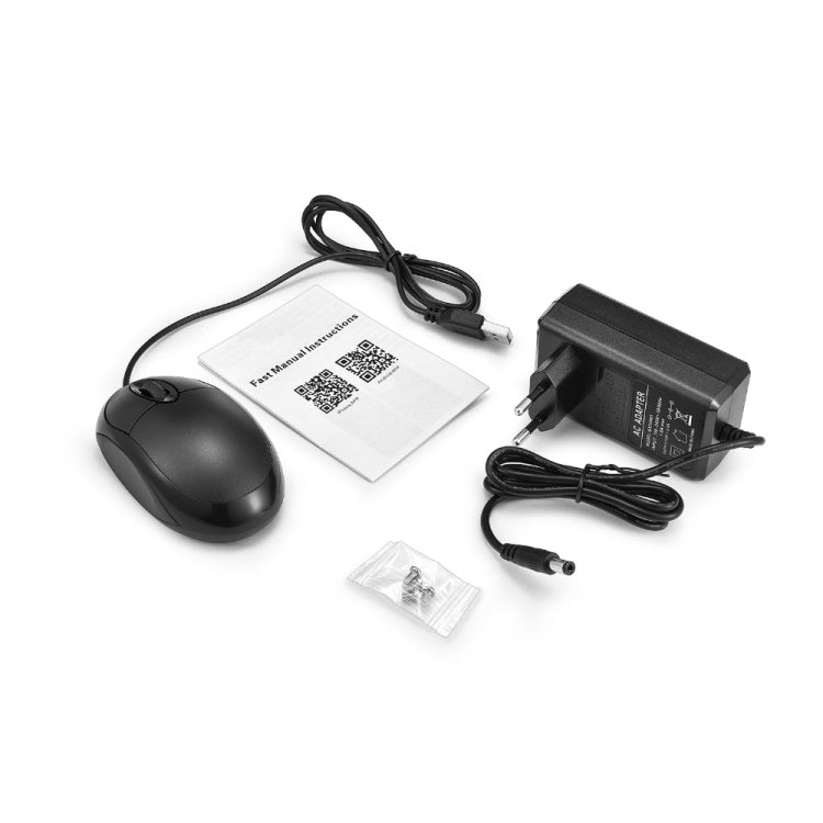 Network video recorder accessories set: mouse, power adapter, cables, and instruction card