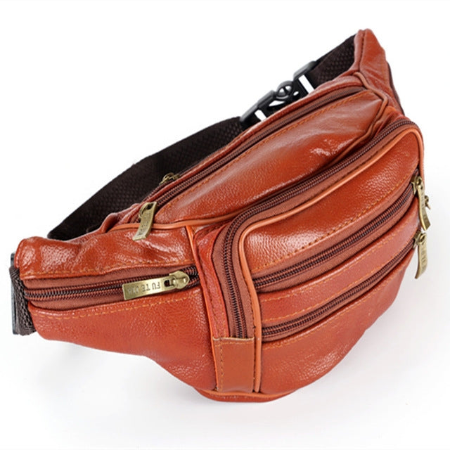 Orange-brown leather waist bag with front zip pockets and adjustable web belt