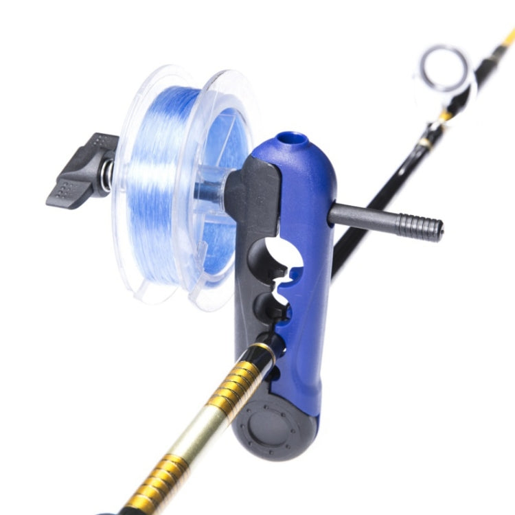 Fishing line reel with clear spool holding blue line and black mounting bracket