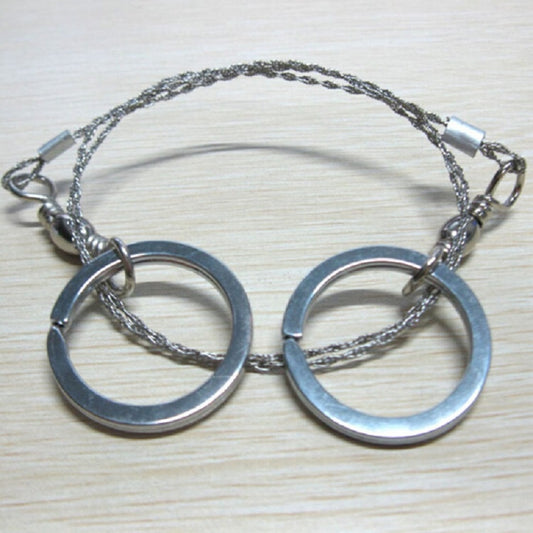 Stainless steel handcuff chain with two circular cuffs and braided cord links