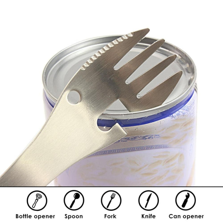 Stainless steel multi-tool showing bottle opener, spoon, fork, knife, and can opener