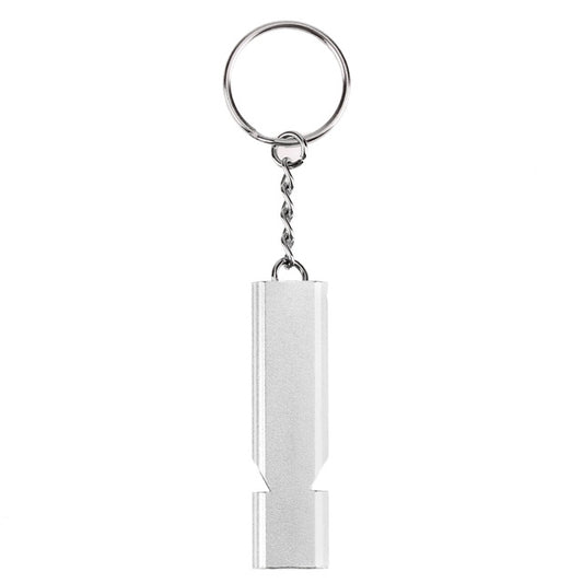 Silver portable double-pipe survival whistle keychain with metal chain and ring