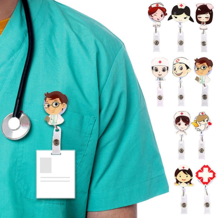 Nurse ID badge reel on teal scrub shirt with clear card holder and retractable cord