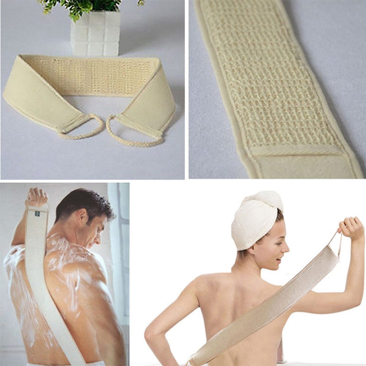Beige loofah back scrub sponge with strap, shown in use by a person