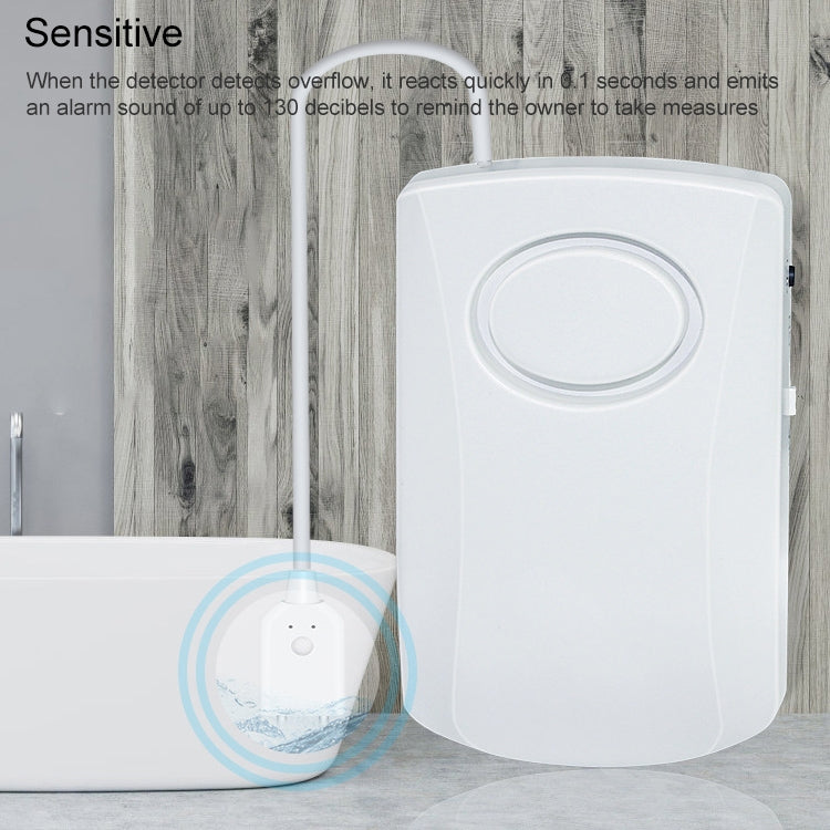 White water-leakage alarm detector triggering on overflow near probe with alarm waves.