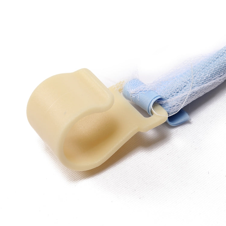Beige plastic corner clip with light blue mesh netting end for crib sleeping net