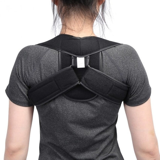 Black upper back posture corrector with padded shoulder straps and neck collar