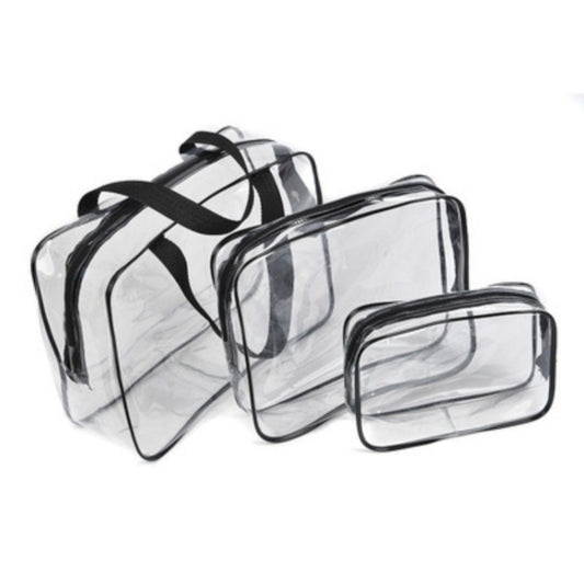 Set of clear PVC travel pouches with black straps and zipped openings