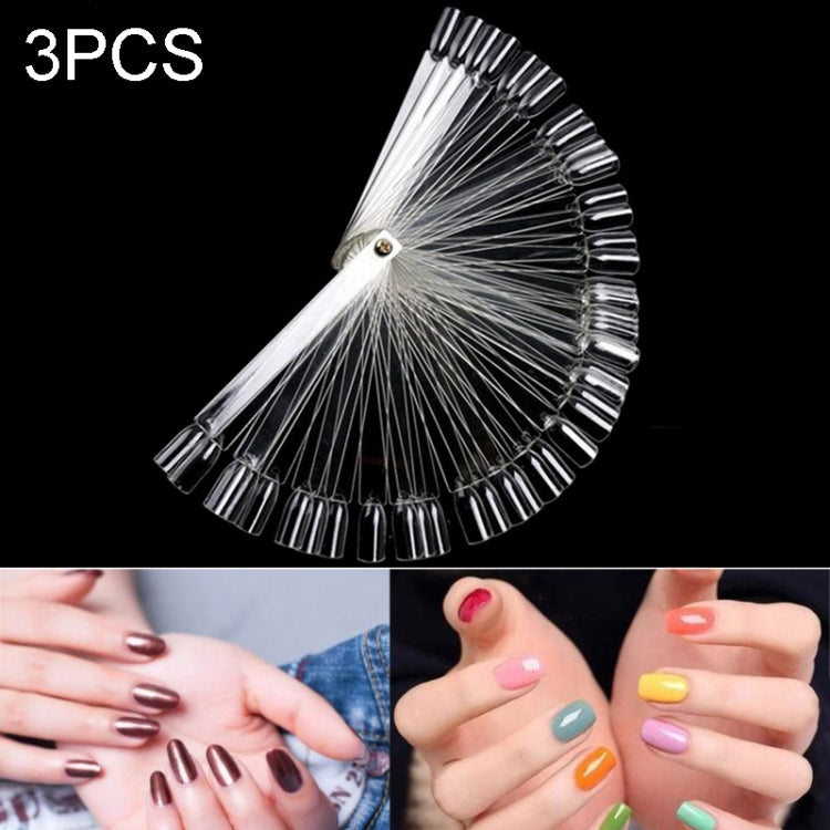 Fan-shaped nail swatch display board with metal ring, mixed black and clear tip look (3 pcs).