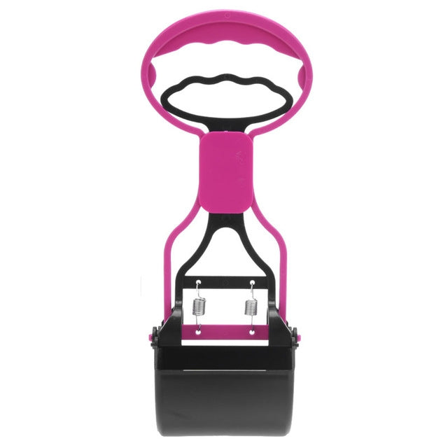 Purple long-handle pet waste scoop with black jaw tray and metal latch