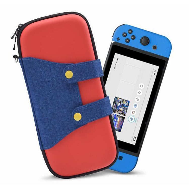 Red game storage bag holding a blue handheld console with screen facing outward
