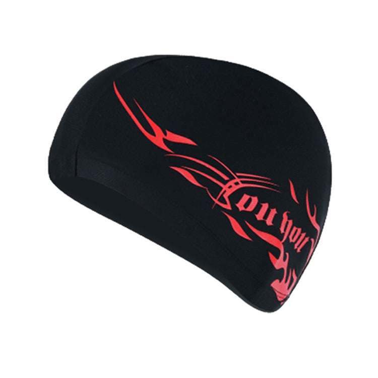 Unisex spandex swimming cap in black with red flame graphic