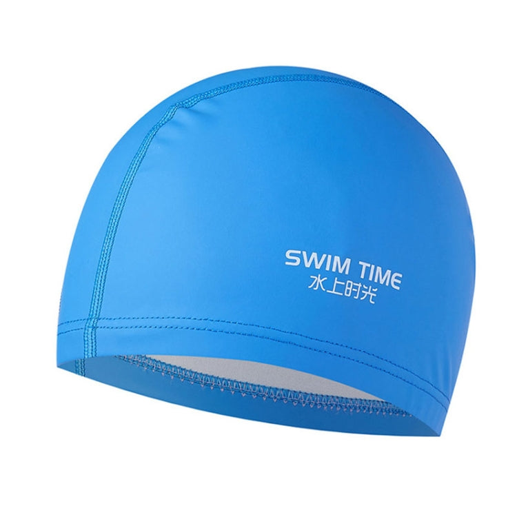 Blue PU-coated waterproof swim cap with 'SWIM TIME' logo and stitched rim