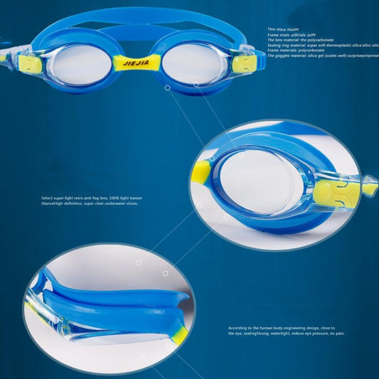 Children's blue silicone swimming goggles with clear lenses and yellow accents