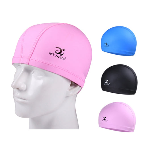 Swim cap set in pink, blue, and black with logo on the front
