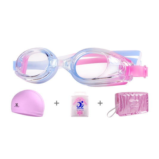 Women’s swim goggles set with transparent anti-fog goggles, pink cap, and pink pouch