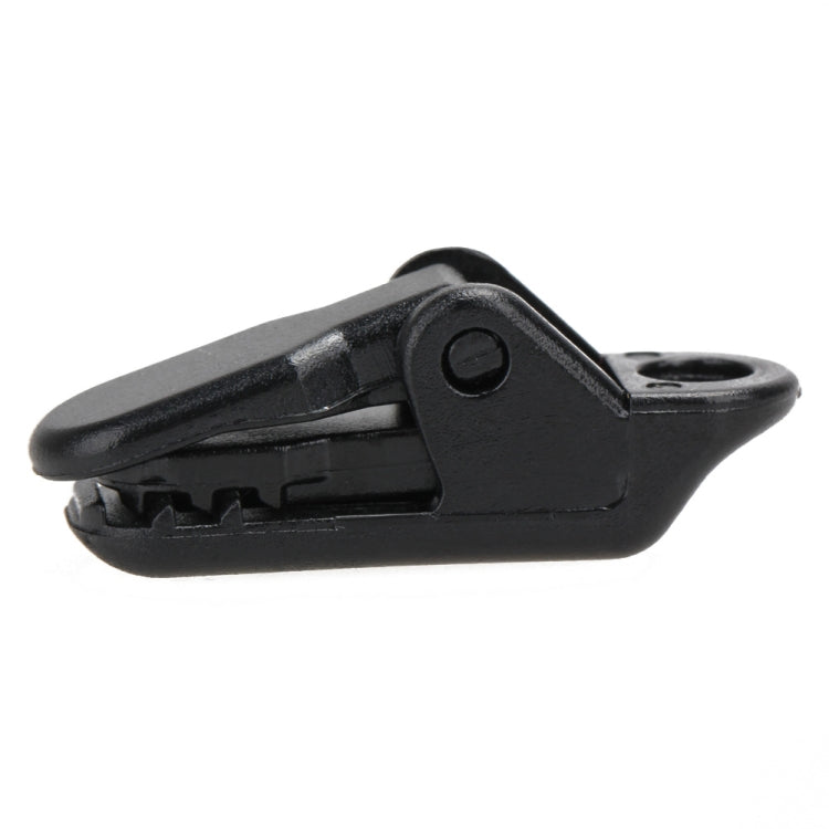 Black plastic tent awning clamp clip, side profile close-up