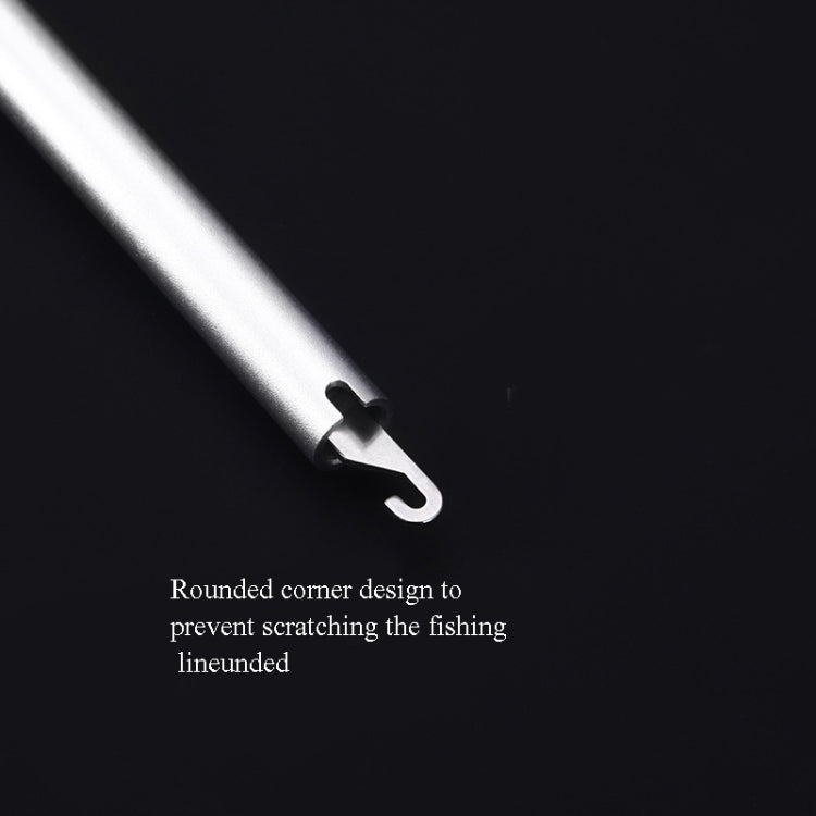 Rounded U-shaped hook on the end of a silver metal fishing hook remover tube