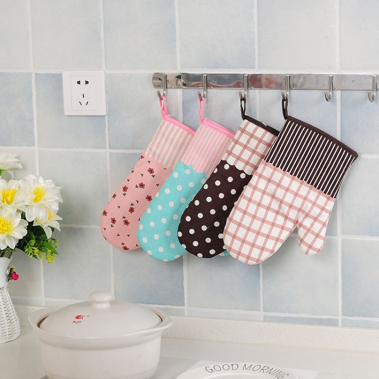 Hanging heat-insulating oven mitts with pink, black polka, plaid, and striped patterns